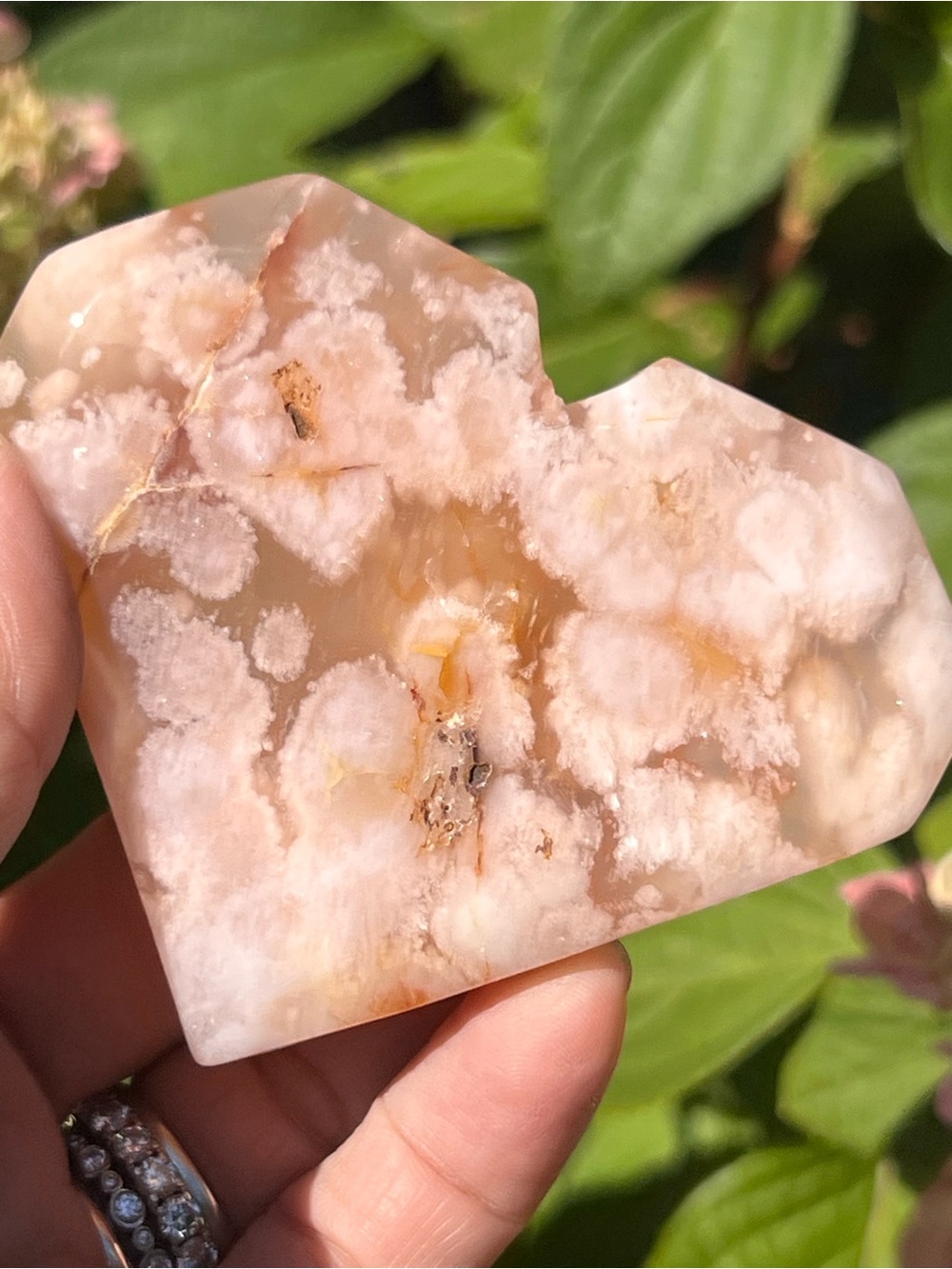 Pink (4) flower agate heart with stand | Crystal